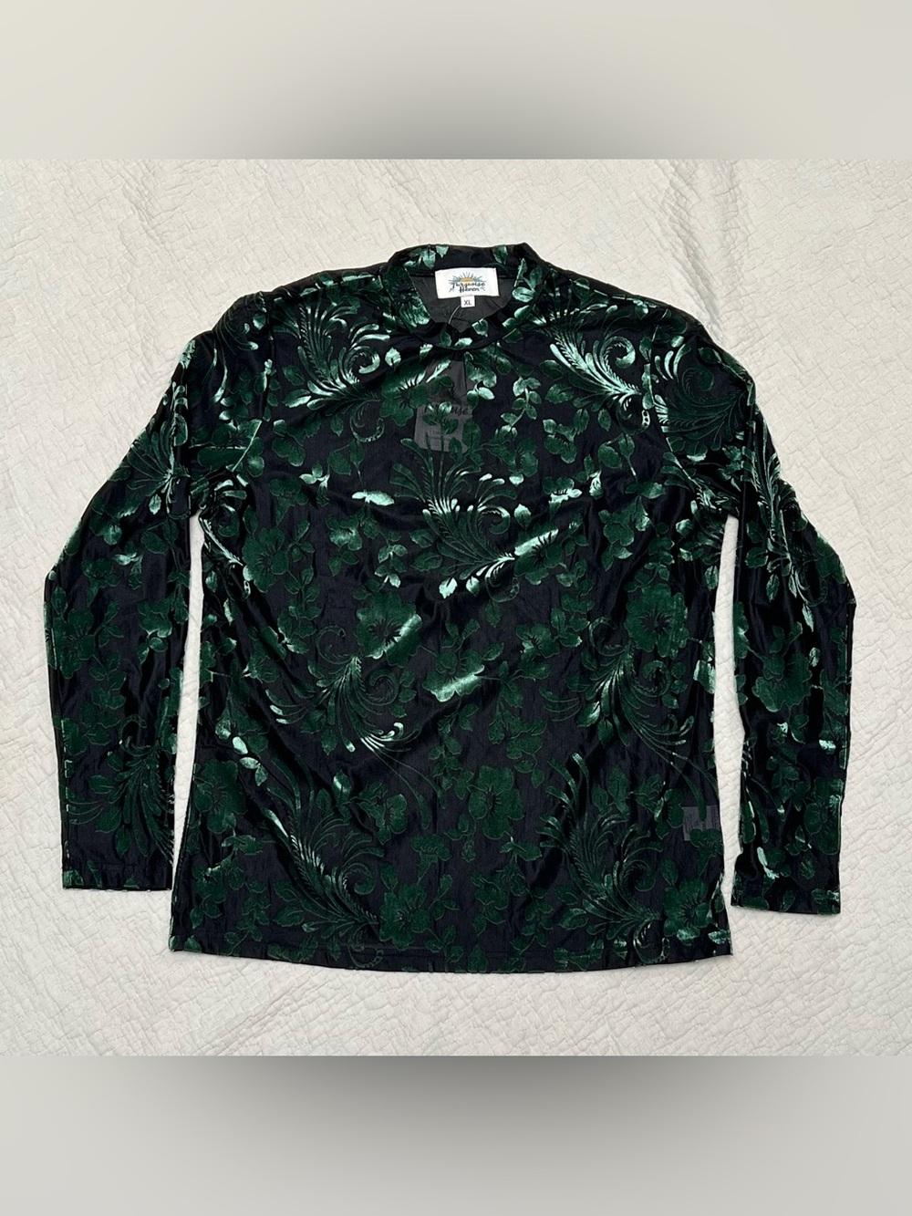 Velvet Burnout Floral Long-Sleeve Blouse - Emerald Green